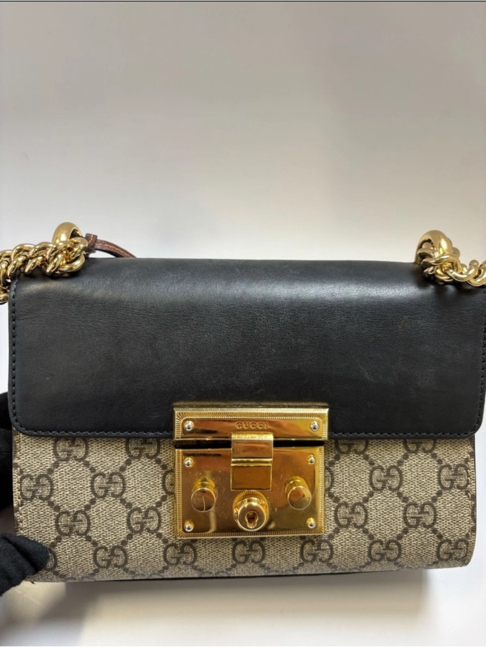 Authentic Gucci Black and Beige padlock Crossbody Bag with Gold Chain